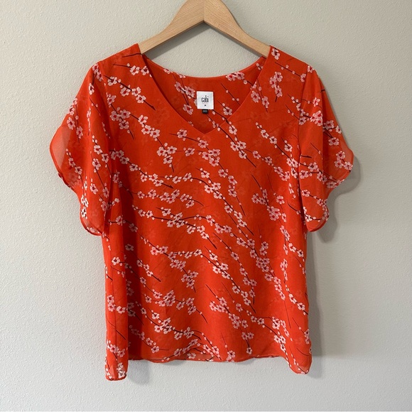 Cabi Orange & White Floral V Neck Lightweight Flowy Short Sleeve Blouse Medium - Picture 3 of 14
